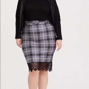 GREY PLAID PONTE LACE TRIM PENCIL SKIRT